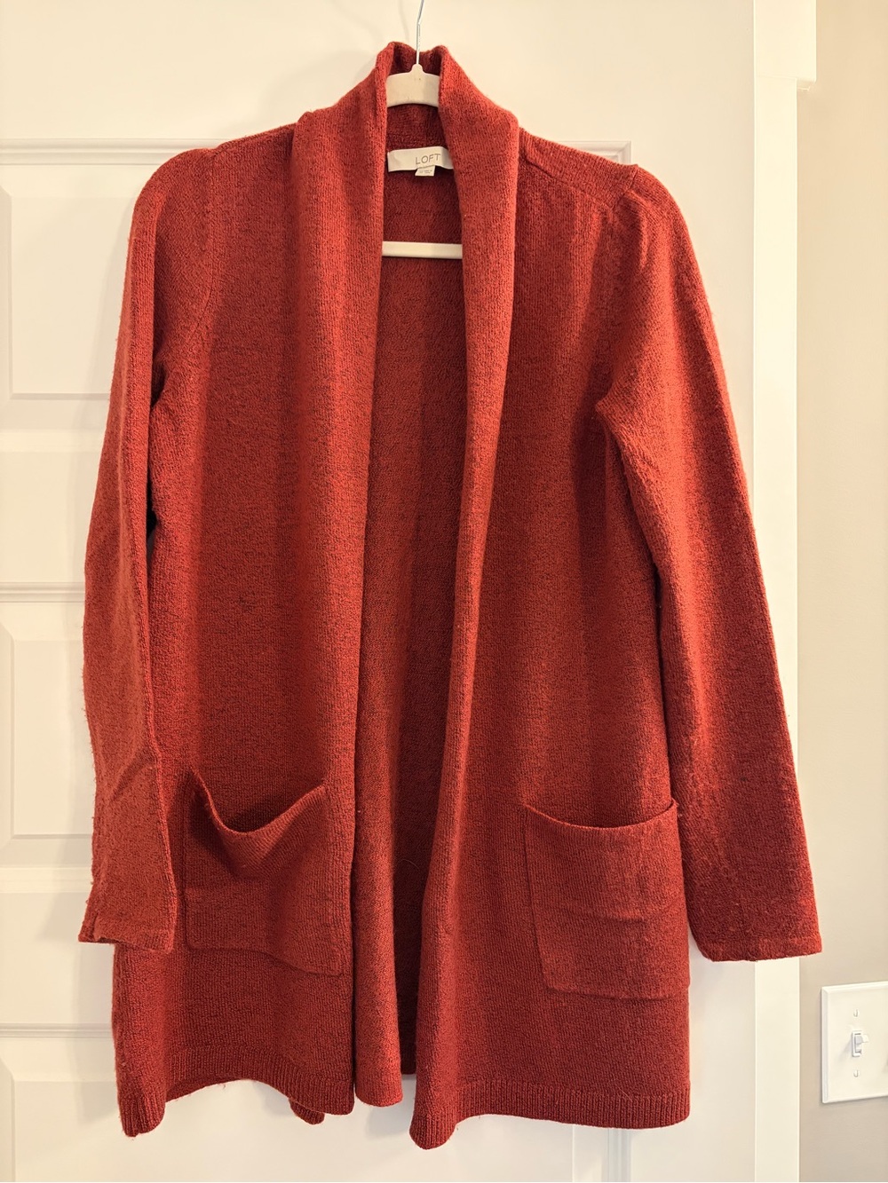 Loft fall cardigan, open cardigan with pockets, rust